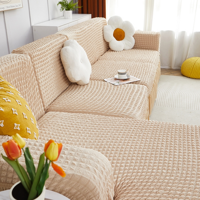 91家纺网 家纺一手货源 找家纺 丝绮鹿 2023新款爆米花裙边贵妃沙发套 米黄