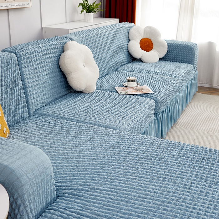 91家纺网 家纺一手货源 找家纺 丝绮鹿 2023新款爆米花裙边贵妃沙发套 雾霾蓝