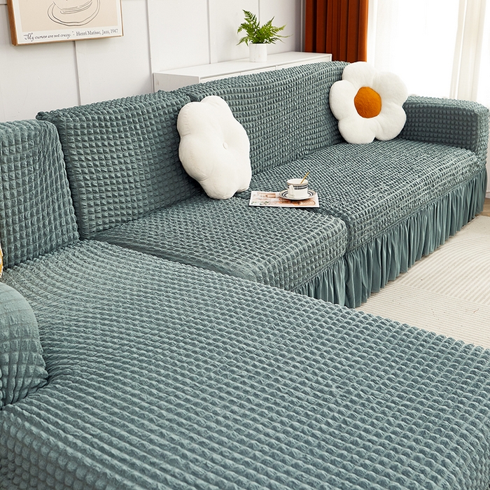 91家纺网 家纺一手货源 找家纺 丝绮鹿 2023新款爆米花裙边贵妃沙发套 绿色