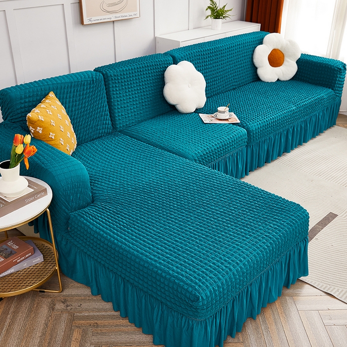 91家纺网 家纺一手货源 找家纺 丝绮鹿 2023新款爆米花裙边贵妃沙发套 黛蓝