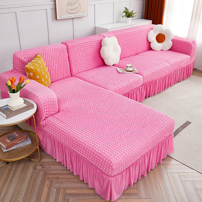 91家纺网 家纺一手货源 找家纺 丝绮鹿 2023新款爆米花裙边贵妃沙发套 玫红