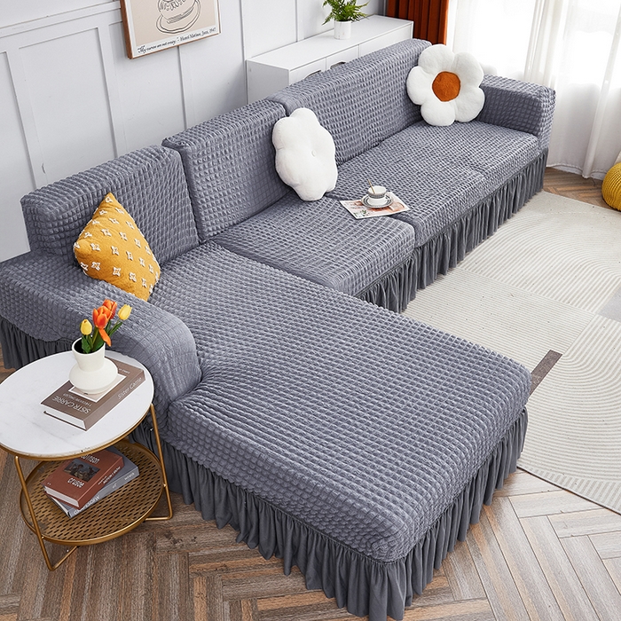 91家纺网 家纺一手货源 找家纺 丝绮鹿 2023新款爆米花裙边贵妃沙发套 银灰