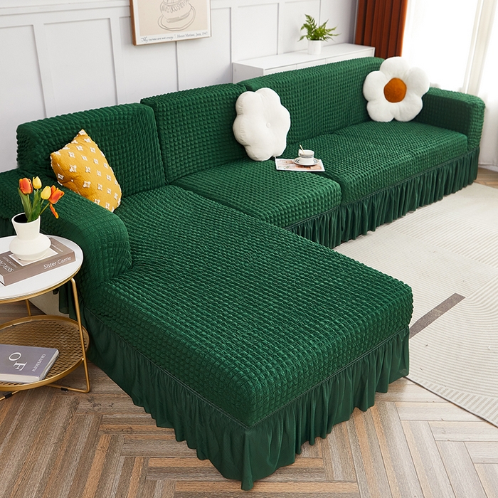 91家纺网 家纺一手货源 找家纺 丝绮鹿 2023新款爆米花裙边贵妃沙发套 墨绿