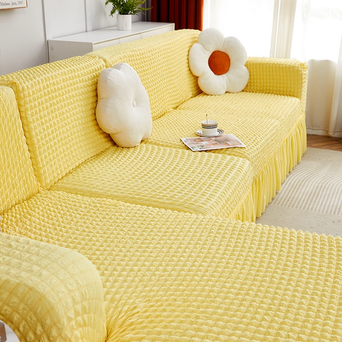 91家纺网 家纺一手货源 找家纺 丝绮鹿 2023新款爆米花裙边贵妃沙发套 柠檬黄