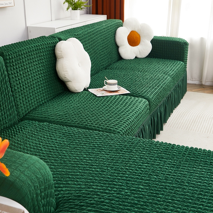 91家纺网 家纺一手货源 找家纺 丝绮鹿 2023新款爆米花裙边贵妃沙发套 墨绿