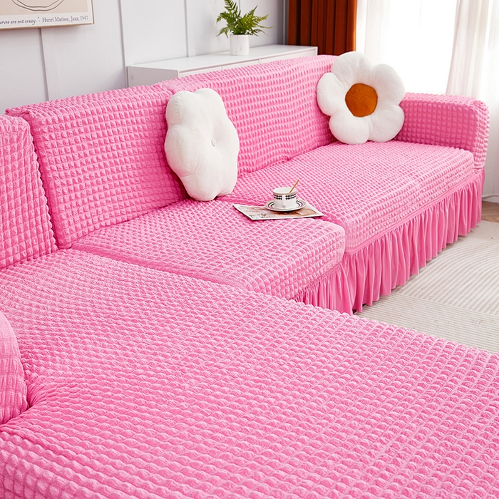 91家纺网 家纺一手货源 找家纺 丝绮鹿 2023新款爆米花裙边贵妃沙发套 玫红