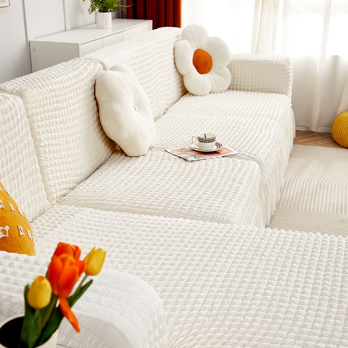 91家纺网 家纺一手货源 找家纺 丝绮鹿 2023新款爆米花裙边贵妃沙发套 乳白