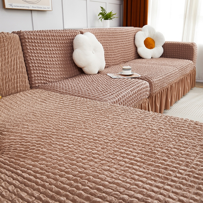 91家纺网 家纺一手货源 找家纺 丝绮鹿 2023新款爆米花裙边贵妃沙发套 驼色