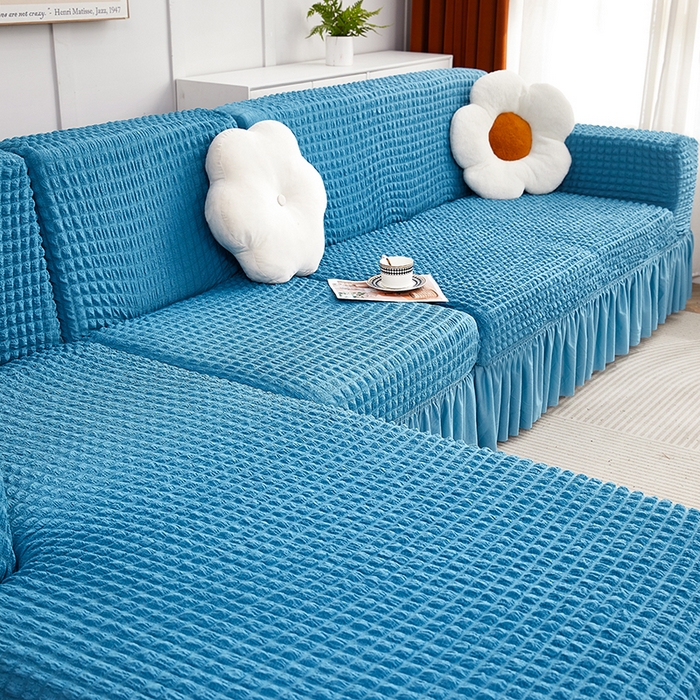 91家纺网 家纺一手货源 找家纺 丝绮鹿 2023新款爆米花裙边贵妃沙发套 湖蓝