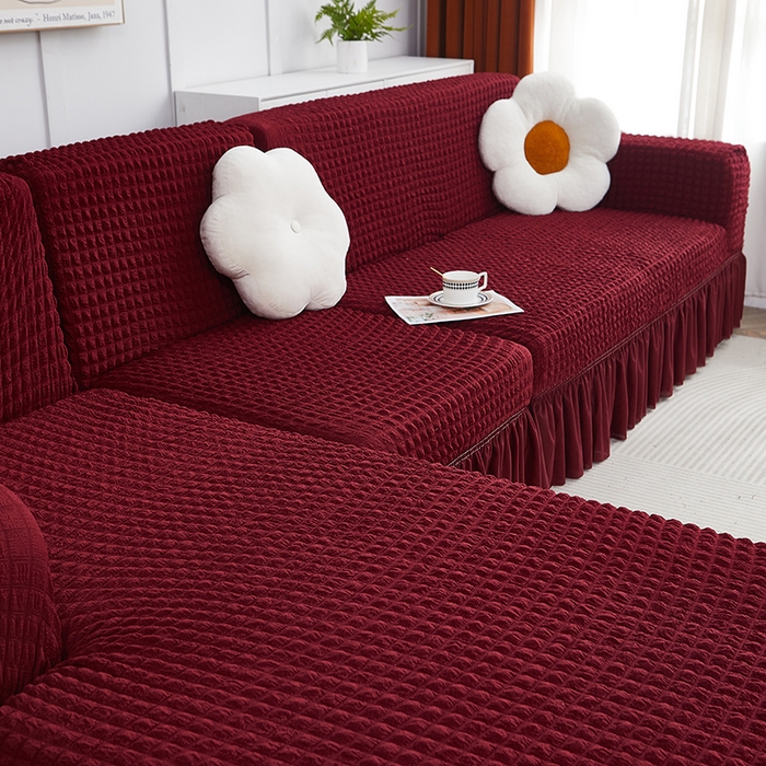 91家纺网 家纺一手货源 找家纺 丝绮鹿 2023新款爆米花裙边贵妃沙发套 酒红