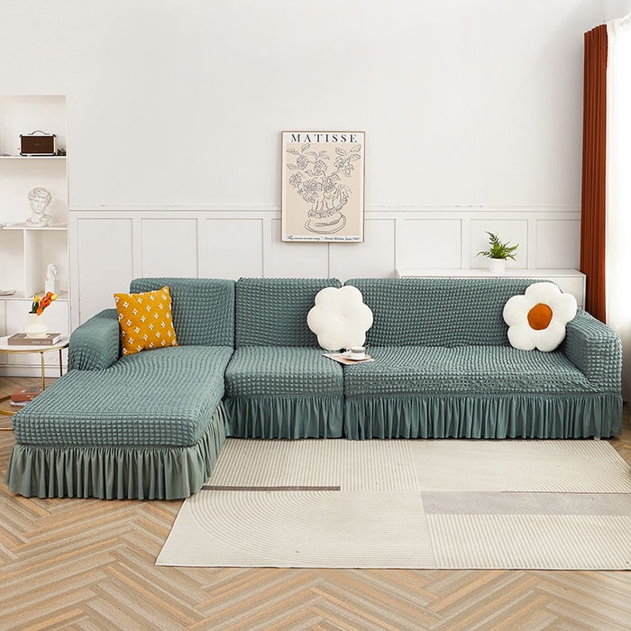 91家纺网 家纺一手货源 找家纺 丝绮鹿 2023新款爆米花裙边贵妃沙发套 绿色