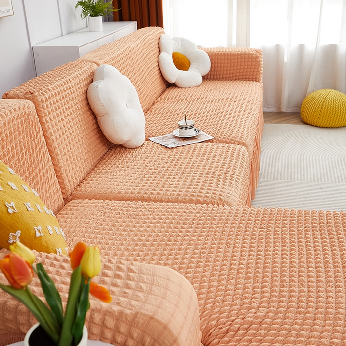 91家纺网 家纺一手货源 找家纺 丝绮鹿 2023新款爆米花裙边贵妃沙发套 蜜橙