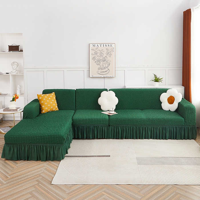 91家纺网 家纺一手货源 找家纺 丝绮鹿 2023新款爆米花裙边贵妃沙发套 墨绿