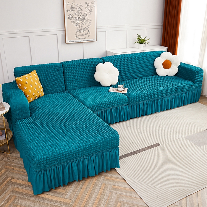 91家纺网 家纺一手货源 找家纺 丝绮鹿 2023新款爆米花裙边贵妃沙发套 黛蓝