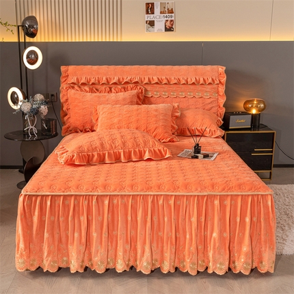 91家纺网 家纺一手货源 找家纺 情恒家纺 2025新款A类婴儿绒全夹棉床裙款三件套（烟花绽放） 暖橙色