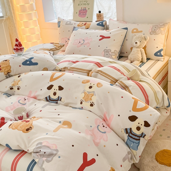 91家纺网 家纺一手货源 找家纺 曼之夏 2023新款全棉可爱卡通印花四件套 生日趴