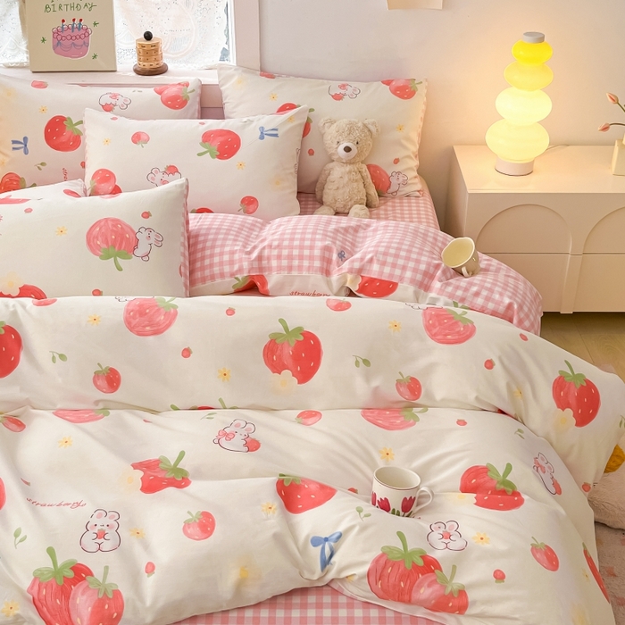 91家纺网 家纺一手货源 找家纺 曼之夏 2023新款全棉可爱卡通印花四件套 萌兔果园