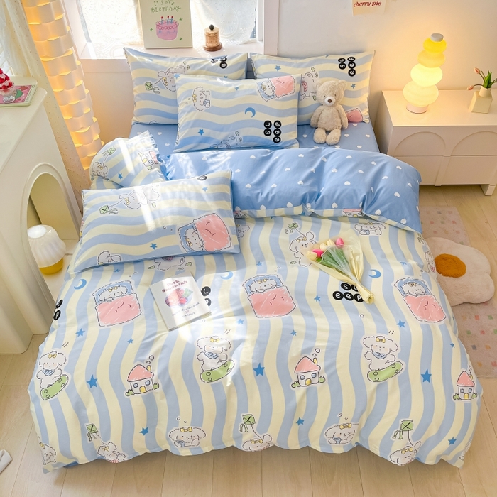 91家纺网 家纺一手货源 找家纺 曼之夏 2023新款全棉可爱卡通印花四件套 波浪狗