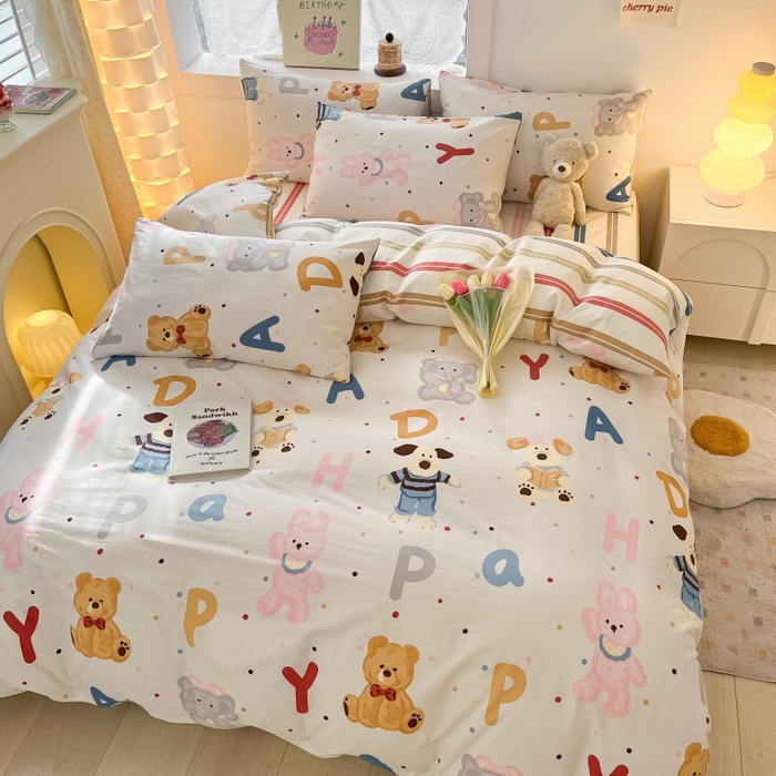 91家纺网 家纺一手货源 找家纺 曼之夏 2023新款全棉可爱卡通印花四件套 生日趴