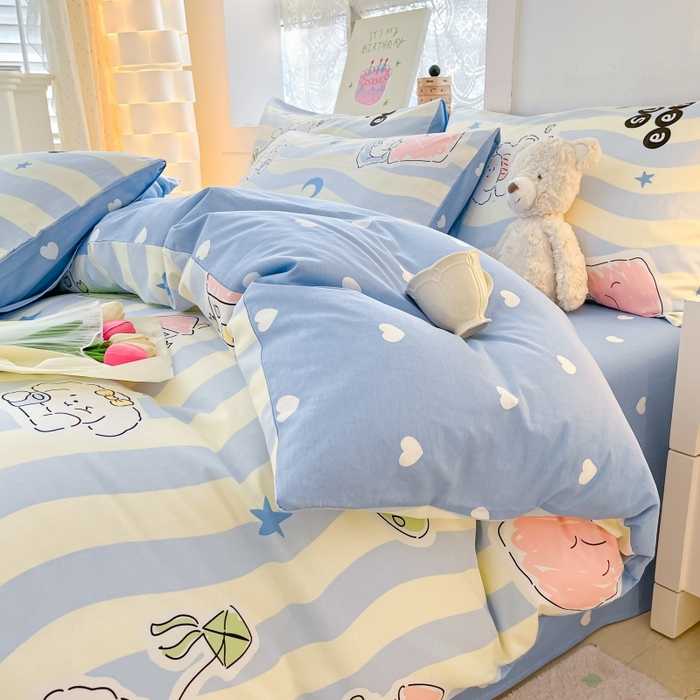 91家纺网 家纺一手货源 找家纺 曼之夏 2023新款全棉可爱卡通印花四件套 波浪狗