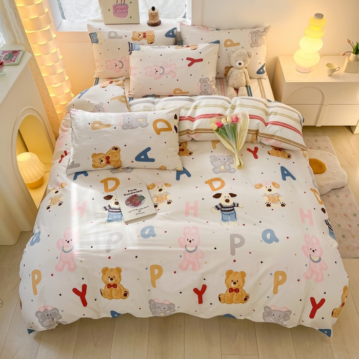 91家纺网 家纺一手货源 找家纺 曼之夏 2023新款全棉可爱卡通印花四件套 生日趴