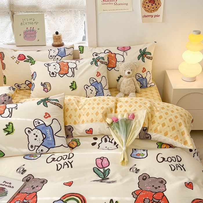 91家纺网 家纺一手货源 找家纺 曼之夏 2023新款全棉可爱卡通印花四件套 米可乐园