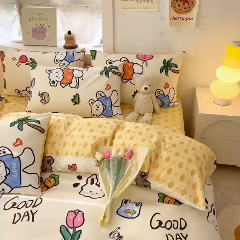 91家纺网 家纺一手货源 找家纺 曼之夏 2023新款全棉可爱卡通印花四件套 米可乐园