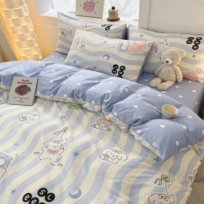 91家纺网 家纺一手货源 找家纺 曼之夏 2023新款全棉可爱卡通印花四件套 波浪狗