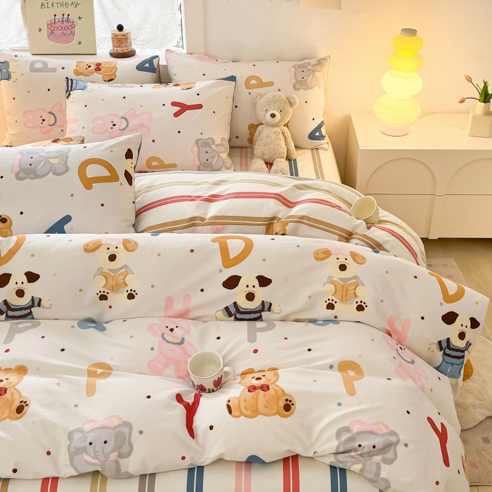 91家纺网 家纺一手货源 找家纺 曼之夏 2023新款全棉可爱卡通印花四件套 生日趴