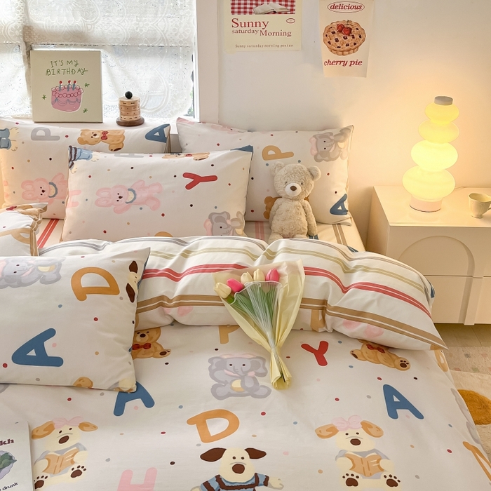 91家纺网 家纺一手货源 找家纺 曼之夏 2023新款全棉可爱卡通印花四件套 生日趴