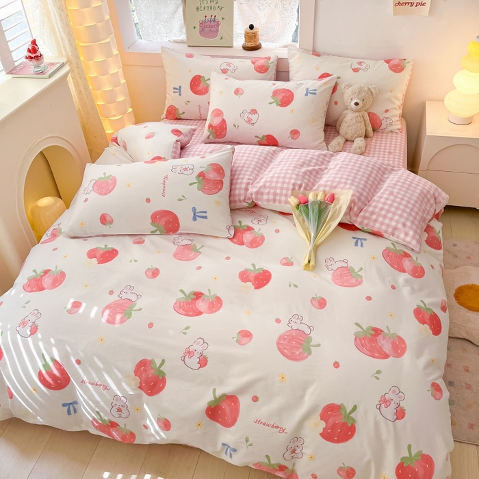 91家纺网 家纺一手货源 找家纺 曼之夏 2023新款全棉可爱卡通印花四件套 萌兔果园