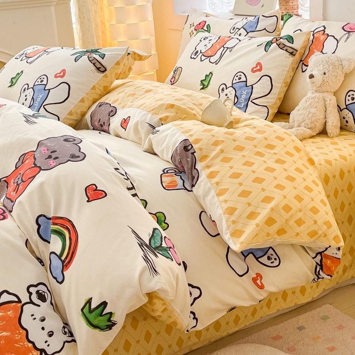 91家纺网 家纺一手货源 找家纺 曼之夏 2023新款全棉可爱卡通印花四件套 米可乐园