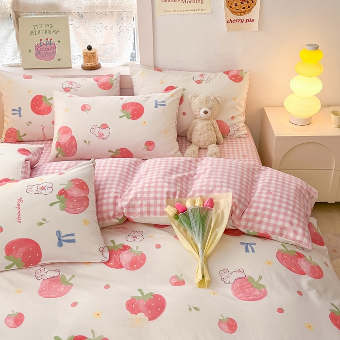 91家纺网 家纺一手货源 找家纺 曼之夏 2023新款全棉可爱卡通印花四件套 萌兔果园