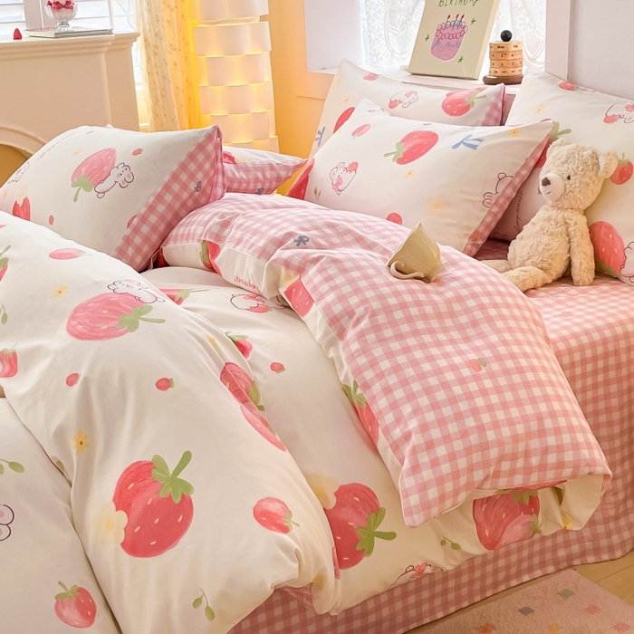 91家纺网 家纺一手货源 找家纺 曼之夏 2023新款全棉可爱卡通印花四件套 萌兔果园