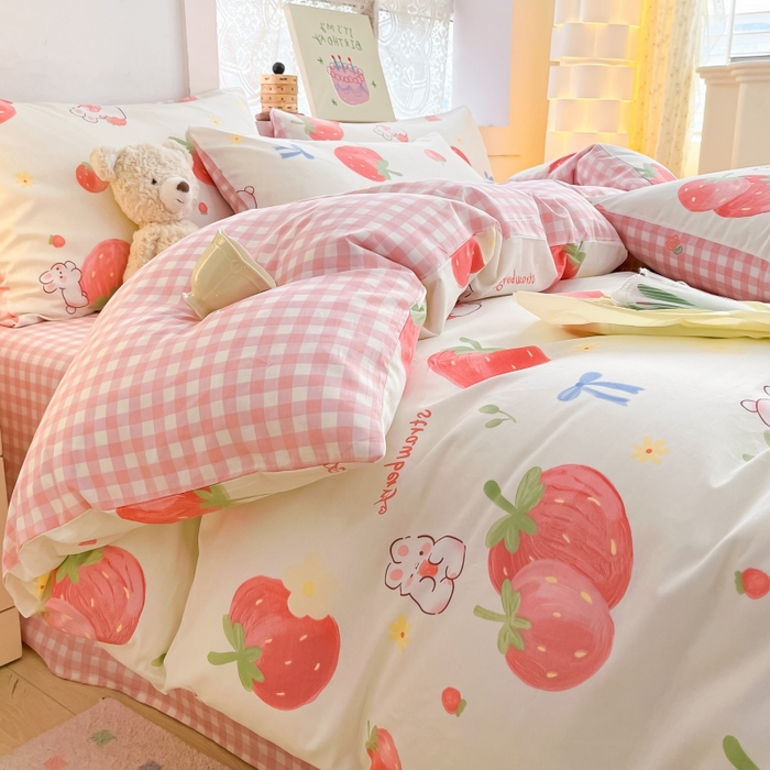 91家纺网 家纺一手货源 找家纺 曼之夏 2023新款全棉可爱卡通印花四件套 萌兔果园