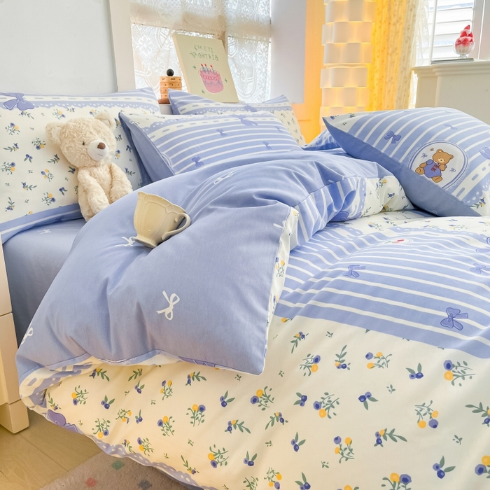 91家纺网 家纺一手货源 找家纺 曼之夏 2023新款全棉可爱卡通印花四件套 樱桃熊