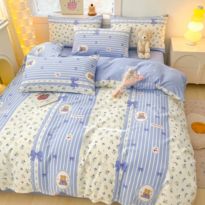 91家纺网 家纺一手货源 找家纺 曼之夏 2023新款全棉可爱卡通印花四件套 樱桃熊