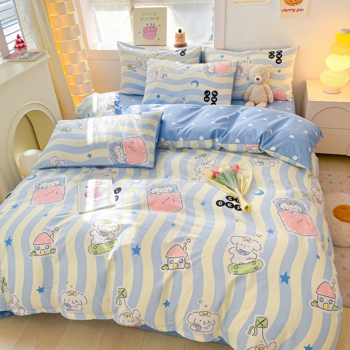 91家纺网 家纺一手货源 找家纺 曼之夏 2023新款全棉可爱卡通印花四件套 波浪狗