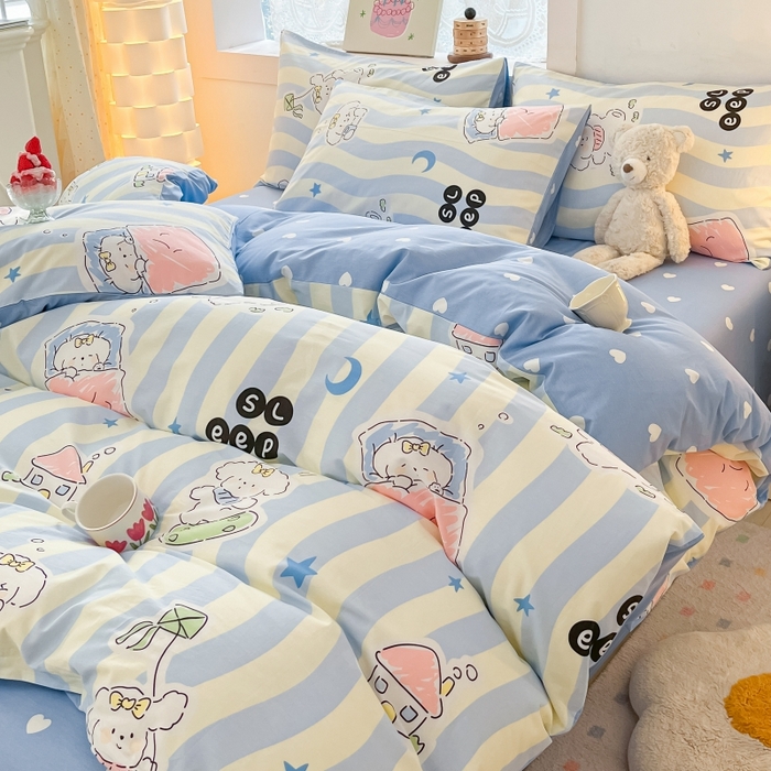 91家纺网 家纺一手货源 找家纺 曼之夏 2023新款全棉可爱卡通印花四件套 波浪狗