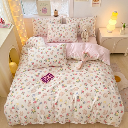 曼之夏 2023新款全棉可爱卡通印花四件套 花束熊