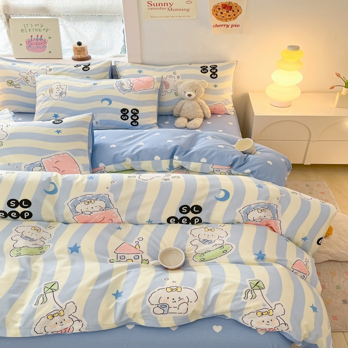 91家纺网 家纺一手货源 找家纺 曼之夏 2023新款全棉可爱卡通印花四件套 波浪狗