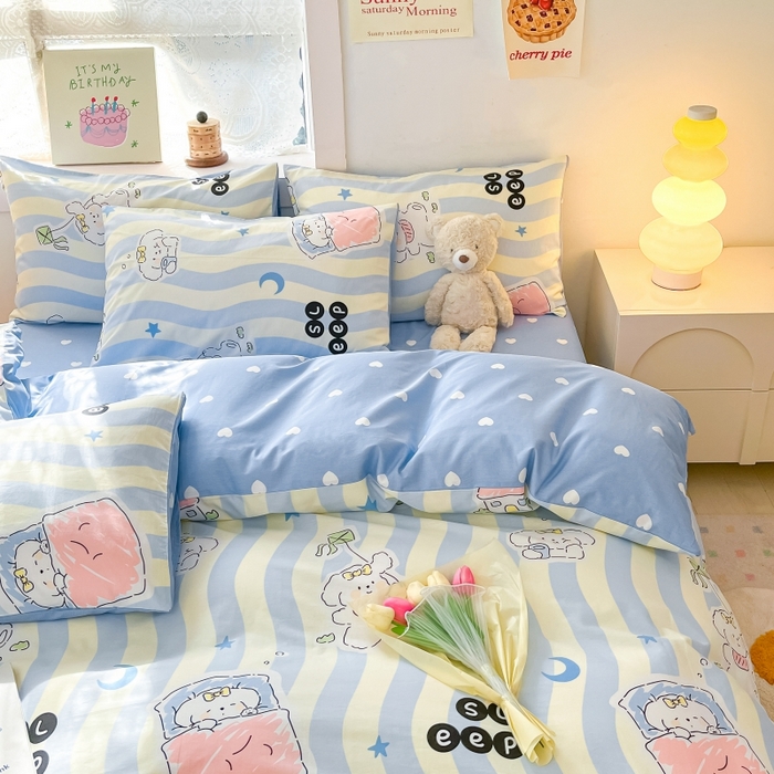 91家纺网 家纺一手货源 找家纺 曼之夏 2023新款全棉可爱卡通印花四件套 波浪狗