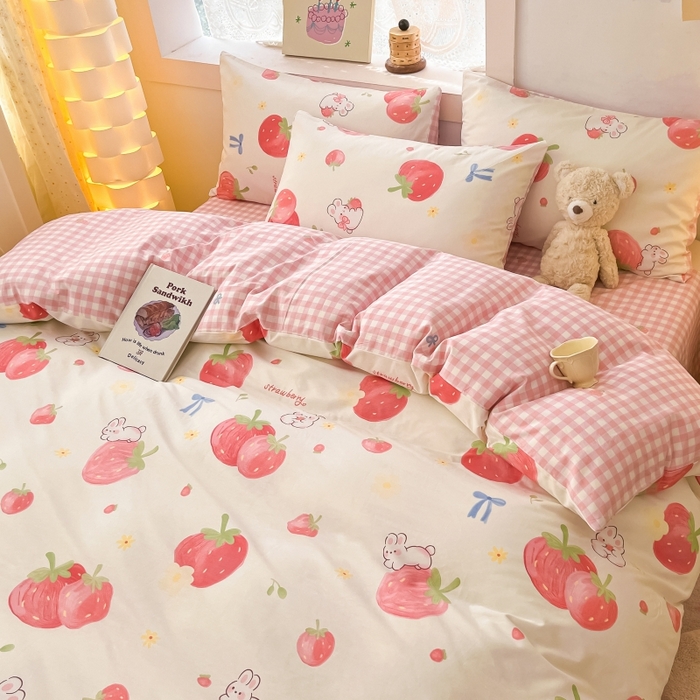 91家纺网 家纺一手货源 找家纺 曼之夏 2023新款全棉可爱卡通印花四件套 萌兔果园