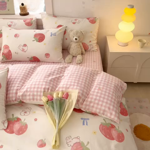 91家纺网 家纺一手货源 找家纺 曼之夏 2023新款全棉可爱卡通印花四件套 萌兔果园