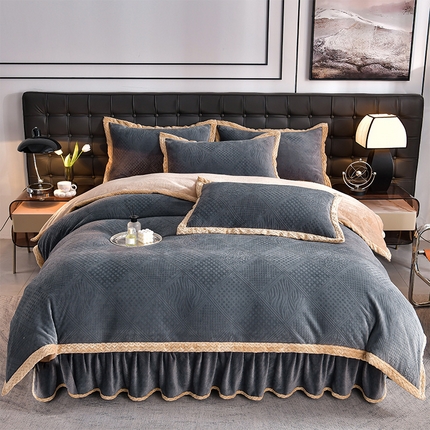 91家纺网 家纺一手货源 找家纺 馨梦缘 2025新款A类牛奶绒雕花四件套 时尚-流行深灰