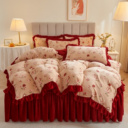 91家纺网 家纺一手货源 找家纺 2023新款加厚防静电牛奶绒印花床裙四件套系列-四件套 盛夏