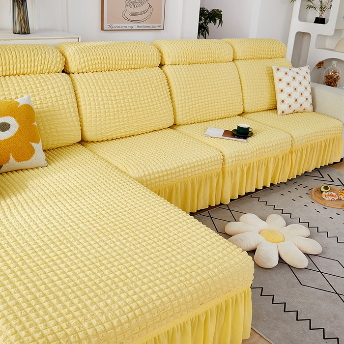 91家纺网 家纺一手货源 找家纺 丝绮鹿 2023新款爆米花坐垫套裙边款 柠檬黄