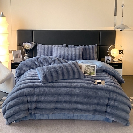 91家纺网 家纺一手货源 找家纺 爱家（原缔乐家纺） 2023新款皮草绒保暖四件套 风暴蓝