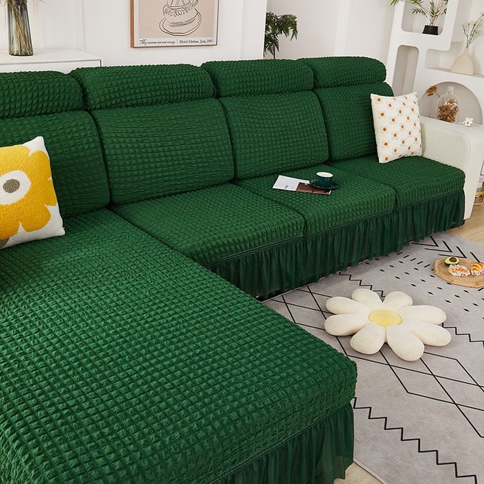 91家纺网 家纺一手货源 找家纺 丝绮鹿 2023新款爆米花坐垫套裙边款 墨绿