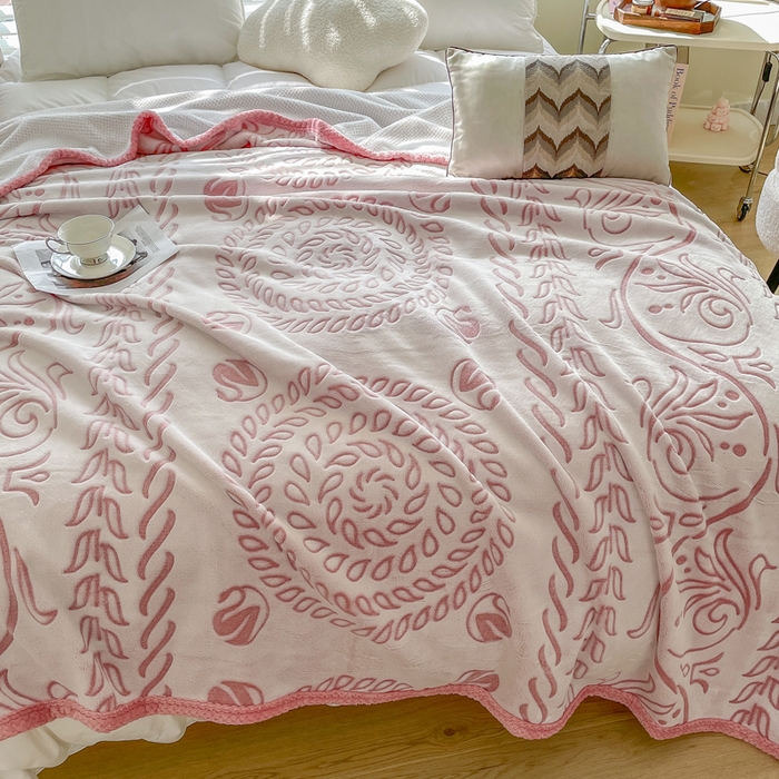 91家纺网 家纺一手货源 找家纺 来菲毛毯 2025新款阳离子剪花复合毛毯 粉色